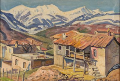 Goura Houses with Snowy Mountains Background, Sunlight — Oil painting, Canvas, 46.00×65.00cm — Theodoros Markellos